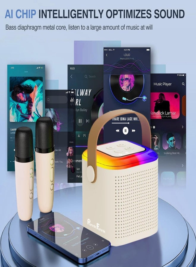 PunnkFunnk Kids Adults with Wireless Mics Portable Karaoke Bluetooth Speaker & Dynamic Lights Birthday Gift for Girls, Boys & Toddlers Ages 4,5,6,7,8,9,10,12+ Year Old Home Outdoor Travel (Beige) - Image 4